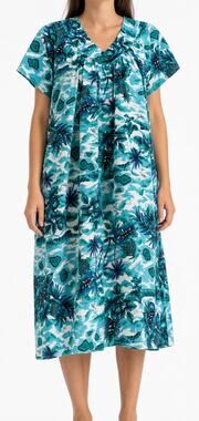 Made in Hawaii Women Muumuu Traditional House Dress Teal Tropical Floral Est 1X